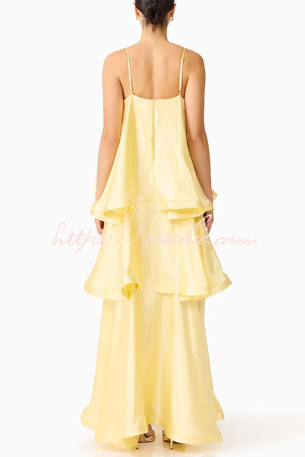 Soft and Smooth Satin Tiered Slip Square Neck A-line Maxi Dress