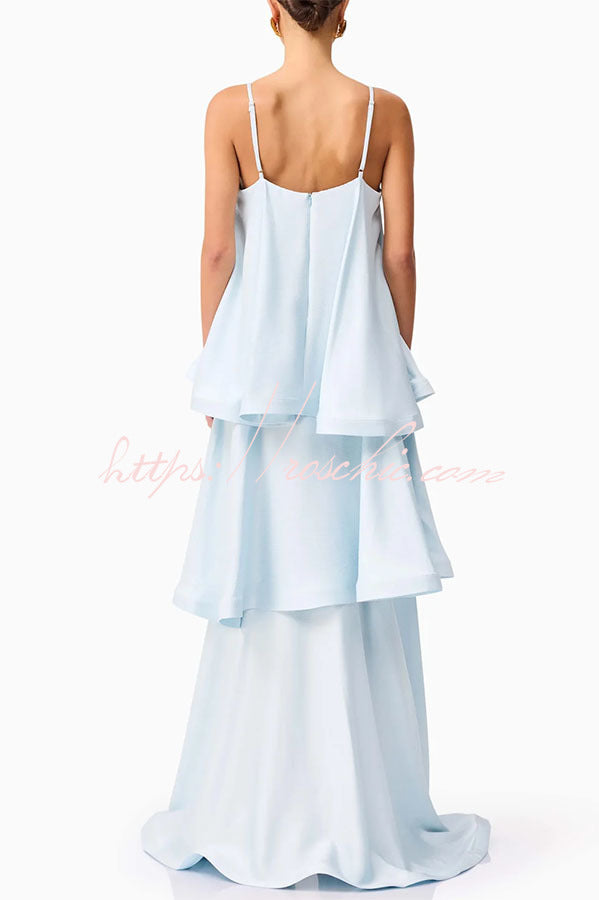 Soft and Smooth Satin Tiered Slip Square Neck A-line Maxi Dress