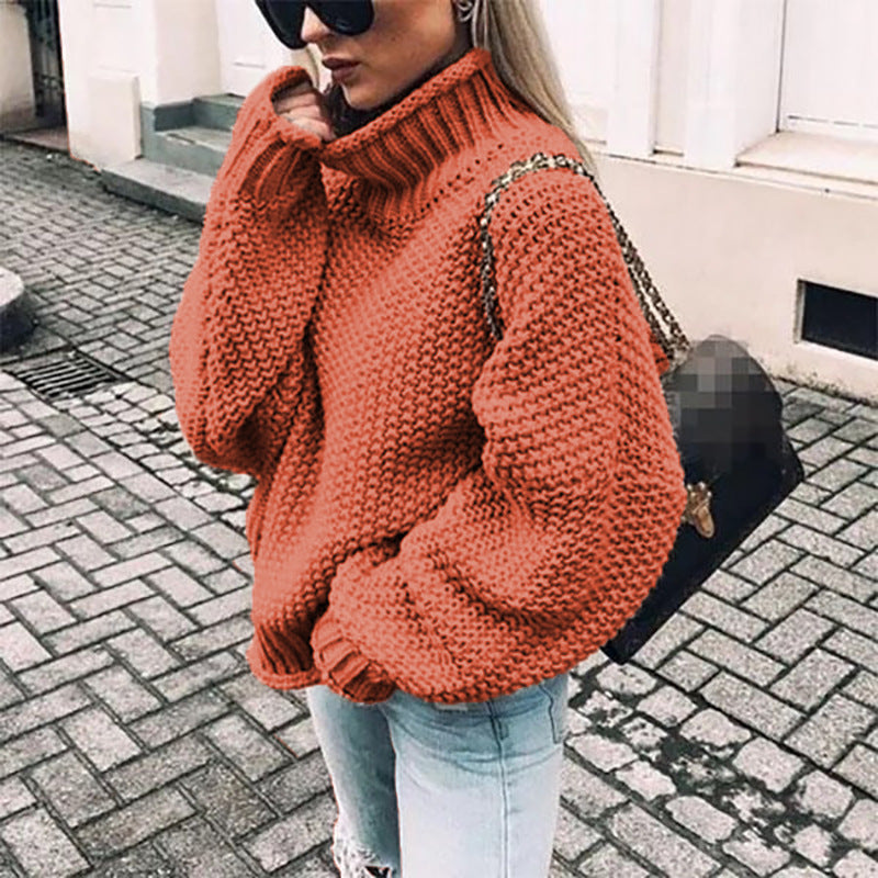 Winter Sweater for Women with Rolled Collar and Batwing Sleeves