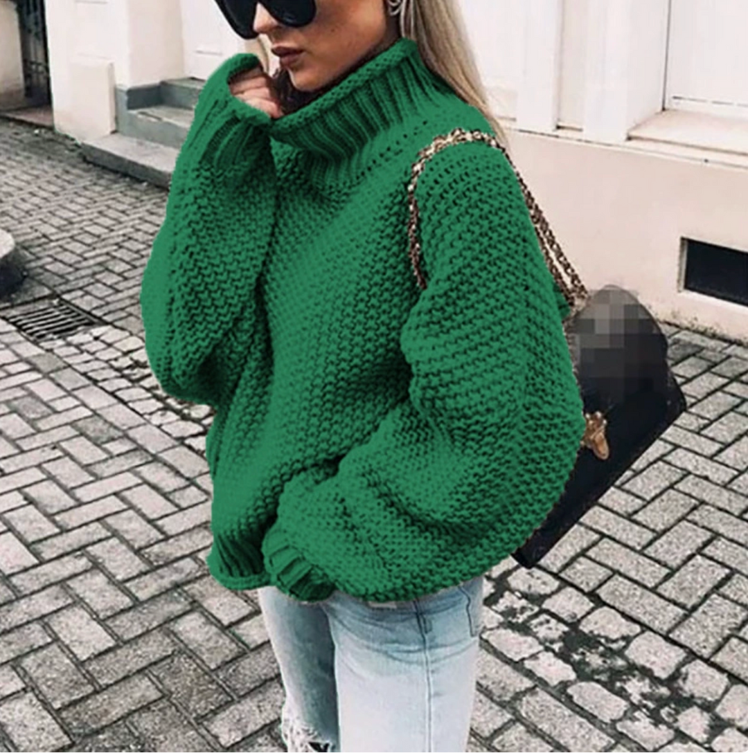 Winter Sweater for Women with Rolled Collar and Batwing Sleeves