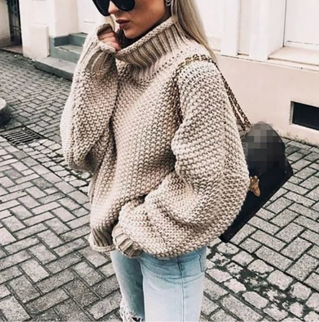 Winter Sweater for Women with Rolled Collar and Batwing Sleeves