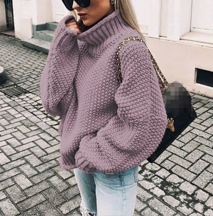 Winter Sweater for Women with Rolled Collar and Batwing Sleeves
