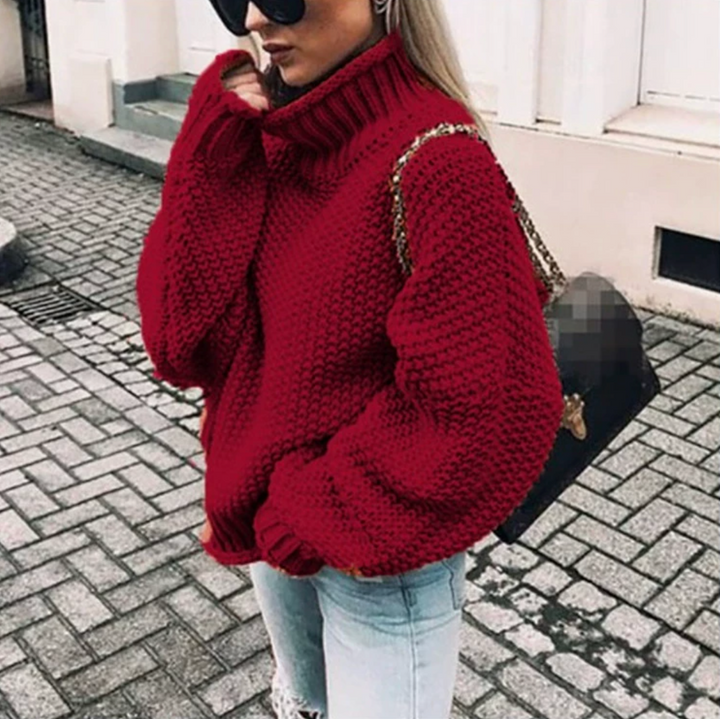 Winter Sweater for Women with Rolled Collar and Batwing Sleeves