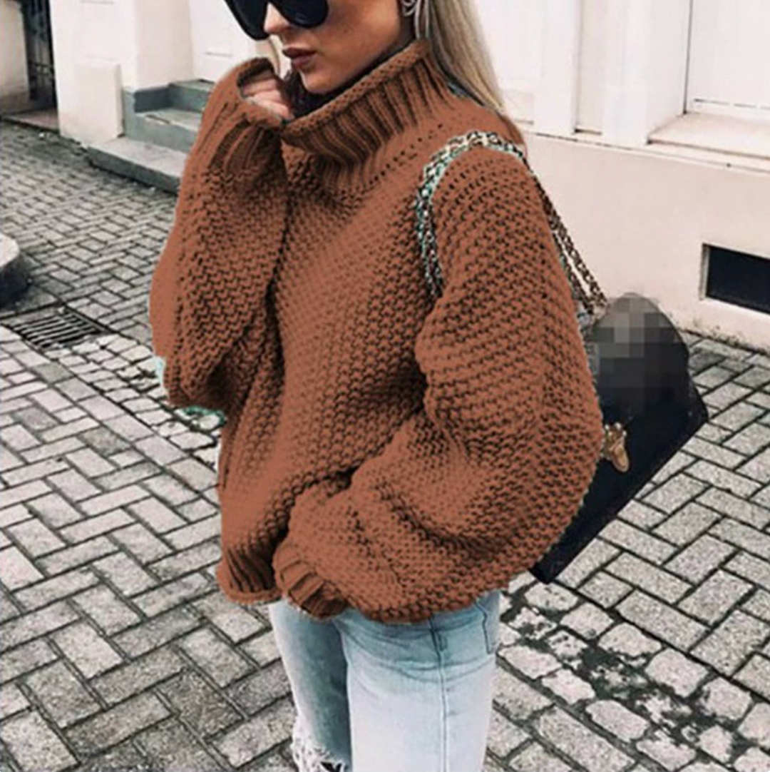Winter Sweater for Women with Rolled Collar and Batwing Sleeves