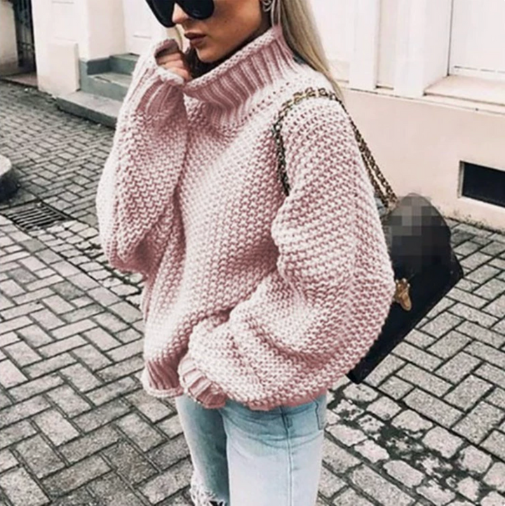 Winter Sweater for Women with Rolled Collar and Batwing Sleeves