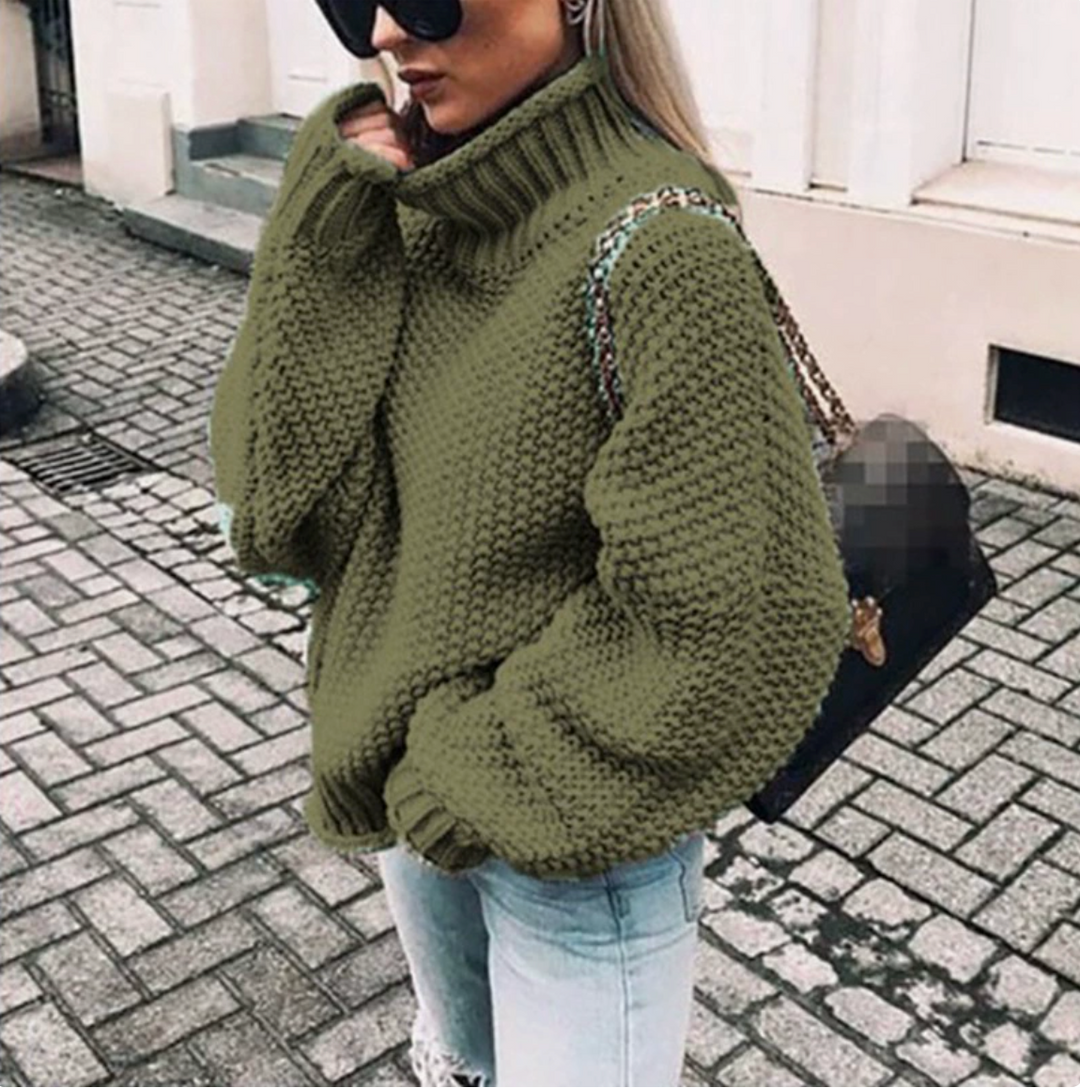 Winter Sweater for Women with Rolled Collar and Batwing Sleeves