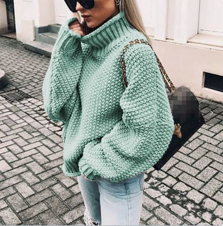 Winter Sweater for Women with Rolled Collar and Batwing Sleeves