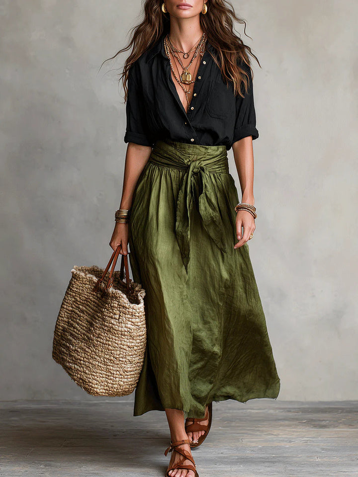Vera | Black Top & Olive Midi Skirt Set