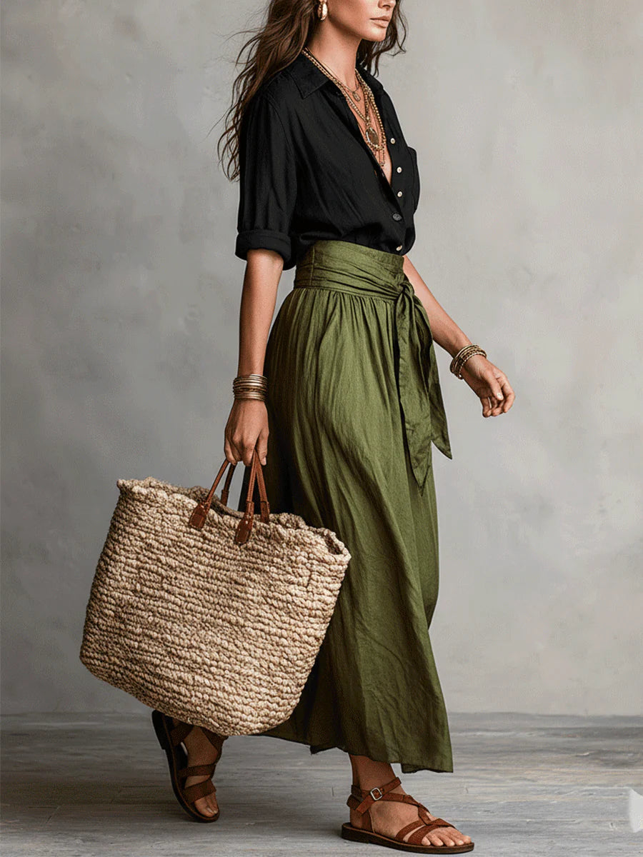 Vera | Black Top & Olive Midi Skirt Set