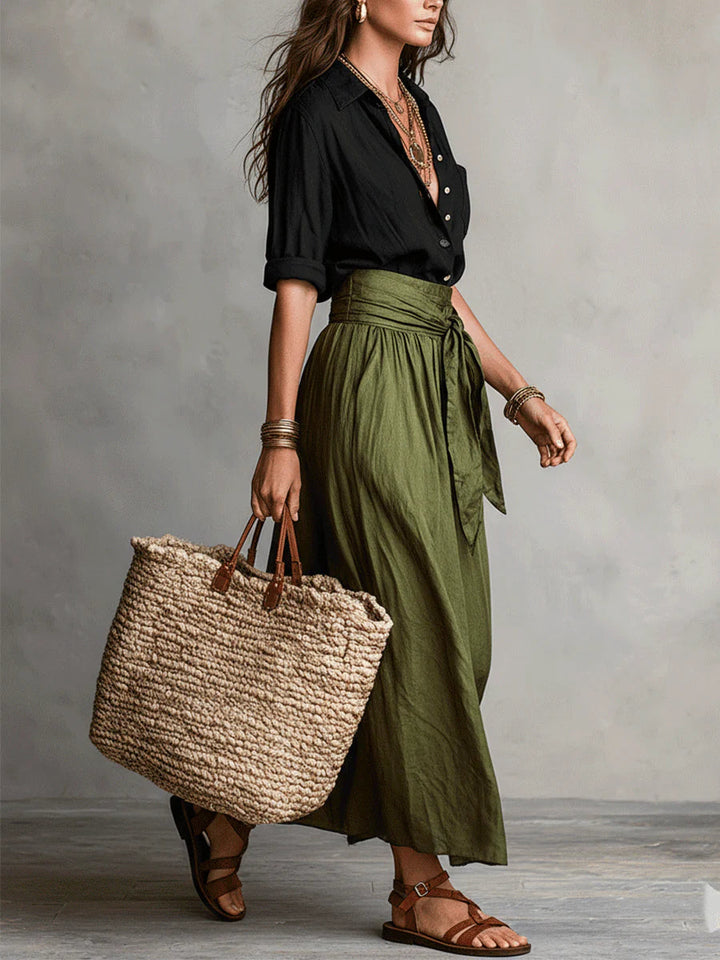 Vera | Black Top & Olive Midi Skirt Set