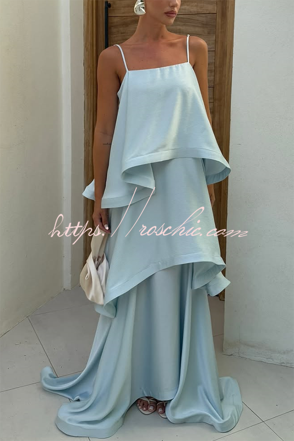 Soft and Smooth Satin Tiered Slip Square Neck A-line Maxi Dress