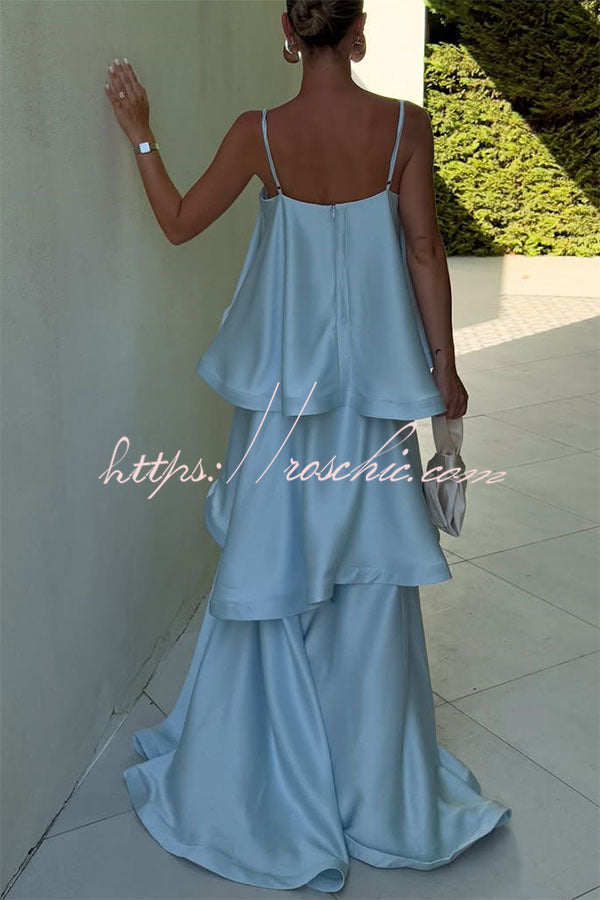 Soft and Smooth Satin Tiered Slip Square Neck A-line Maxi Dress