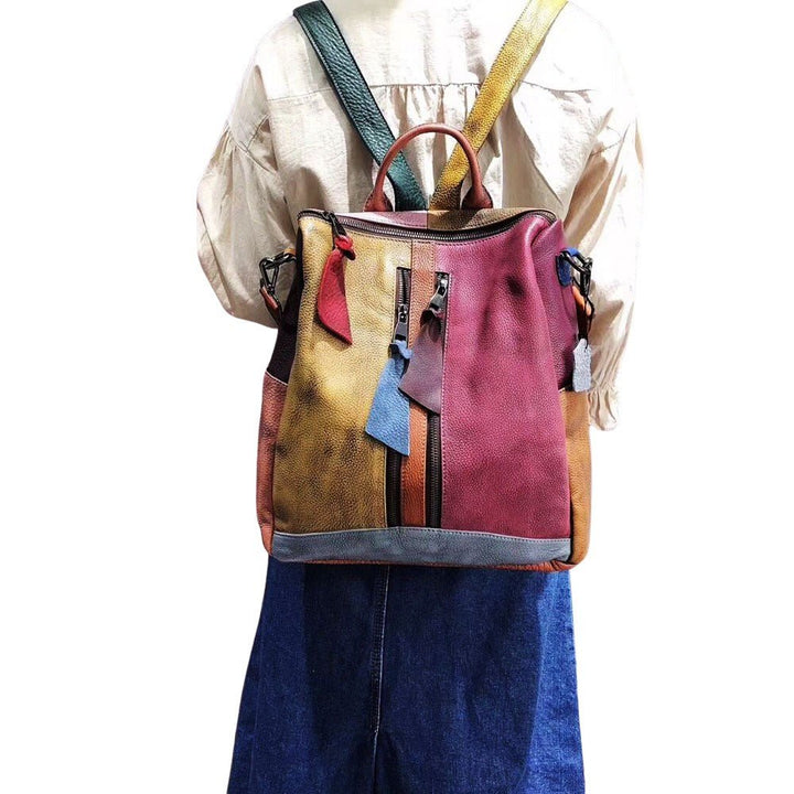 Multicolored Women's Leather Zipper Backpack