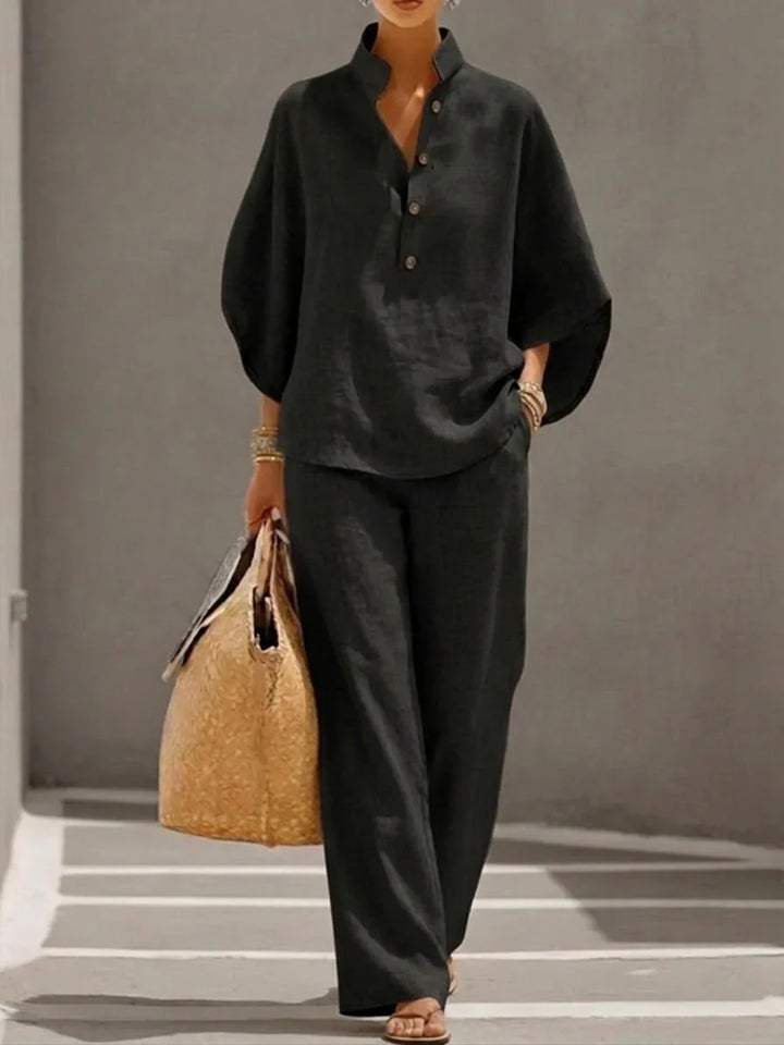 Maribel™ |Linen outfit with batwing sleeves and wide-leg trousers