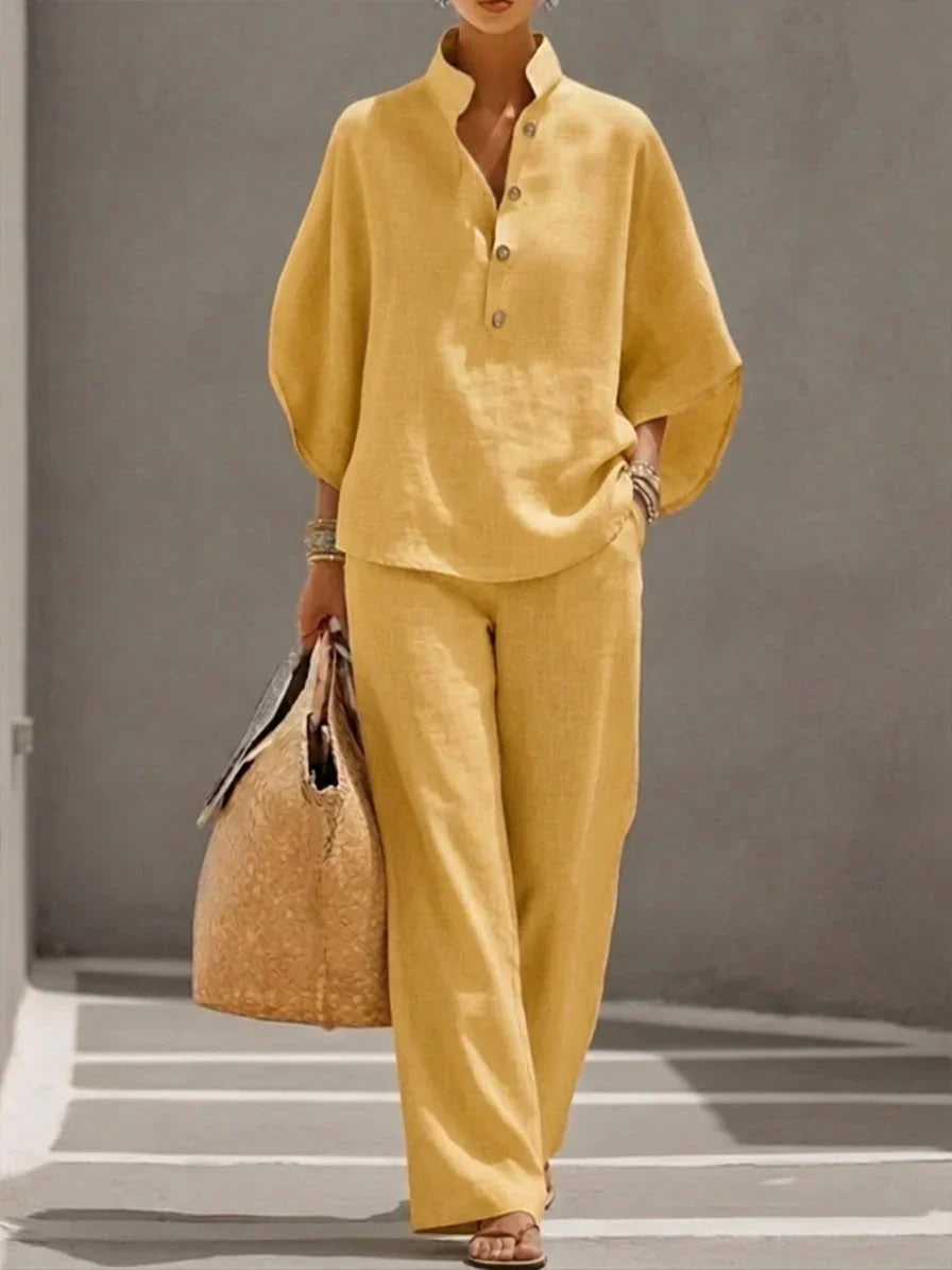 Maribel™ |Linen outfit with batwing sleeves and wide-leg trousers