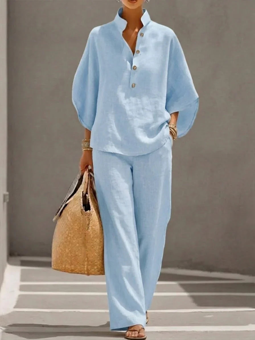Maribel™ |Linen outfit with batwing sleeves and wide-leg trousers