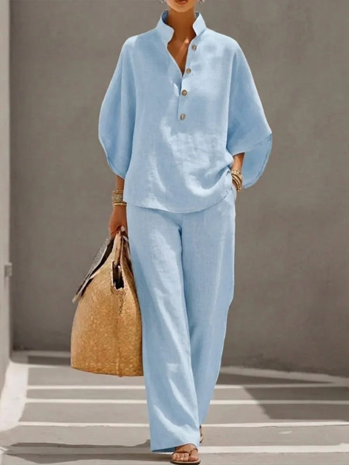 Maribel™ |Linen outfit with batwing sleeves and wide-leg trousers