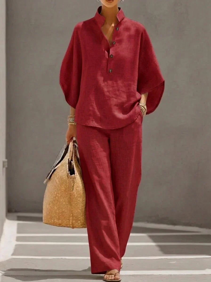 Maribel™ |Linen outfit with batwing sleeves and wide-leg trousers