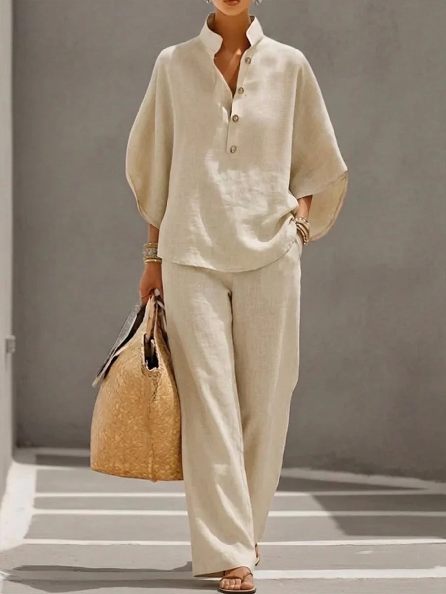Maribel™ |Linen outfit with batwing sleeves and wide-leg trousers
