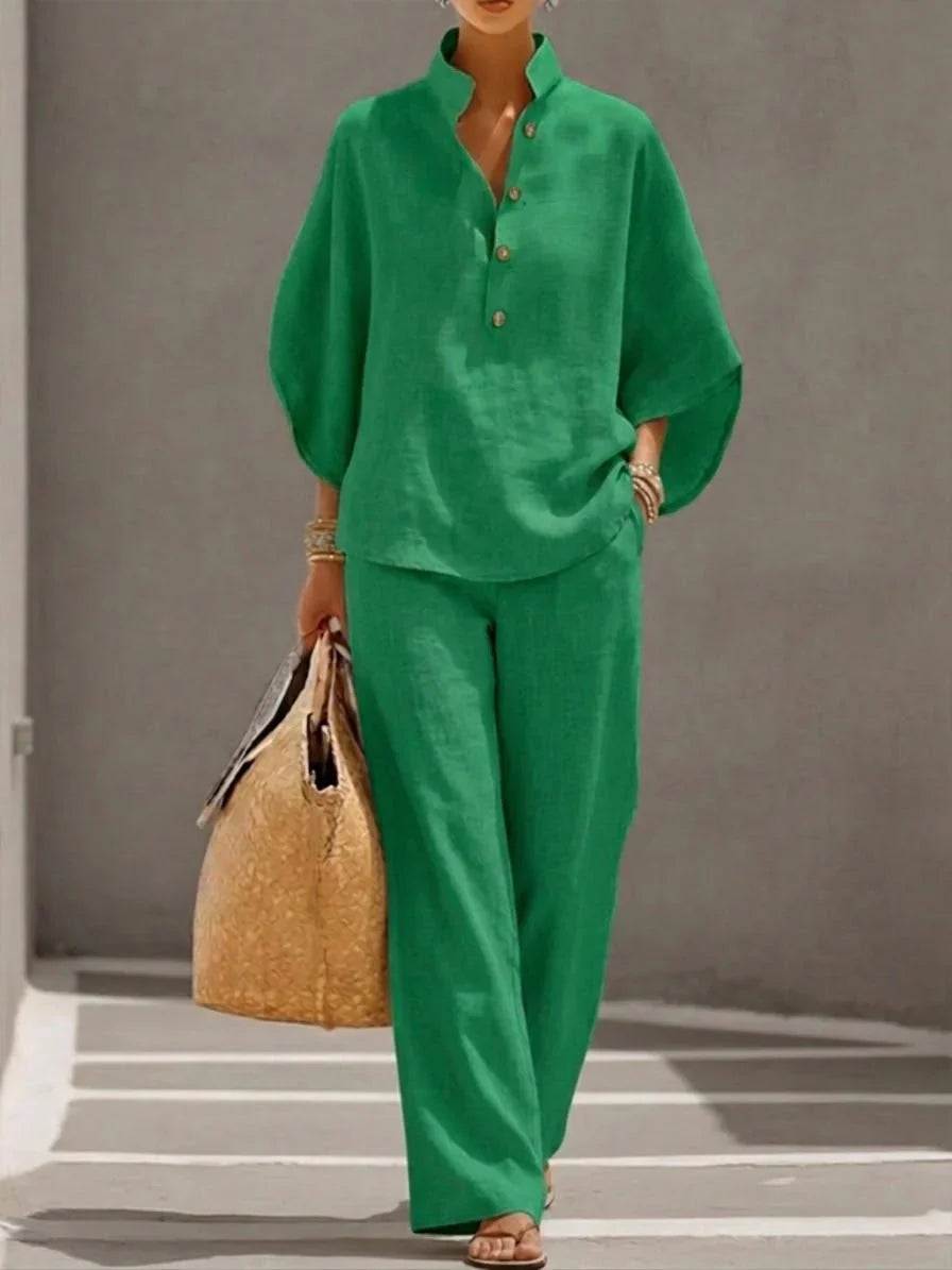 Maribel™ |Linen outfit with batwing sleeves and wide-leg trousers