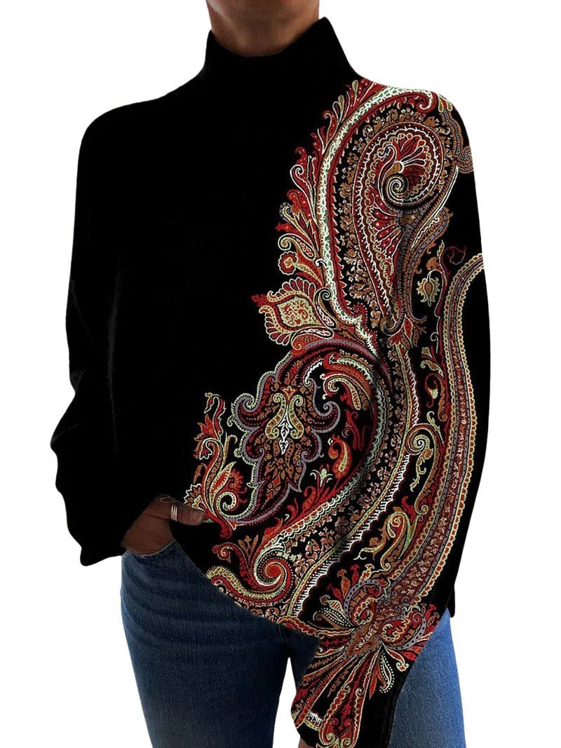Retro Pattern Printed Sweater with Turtleneck